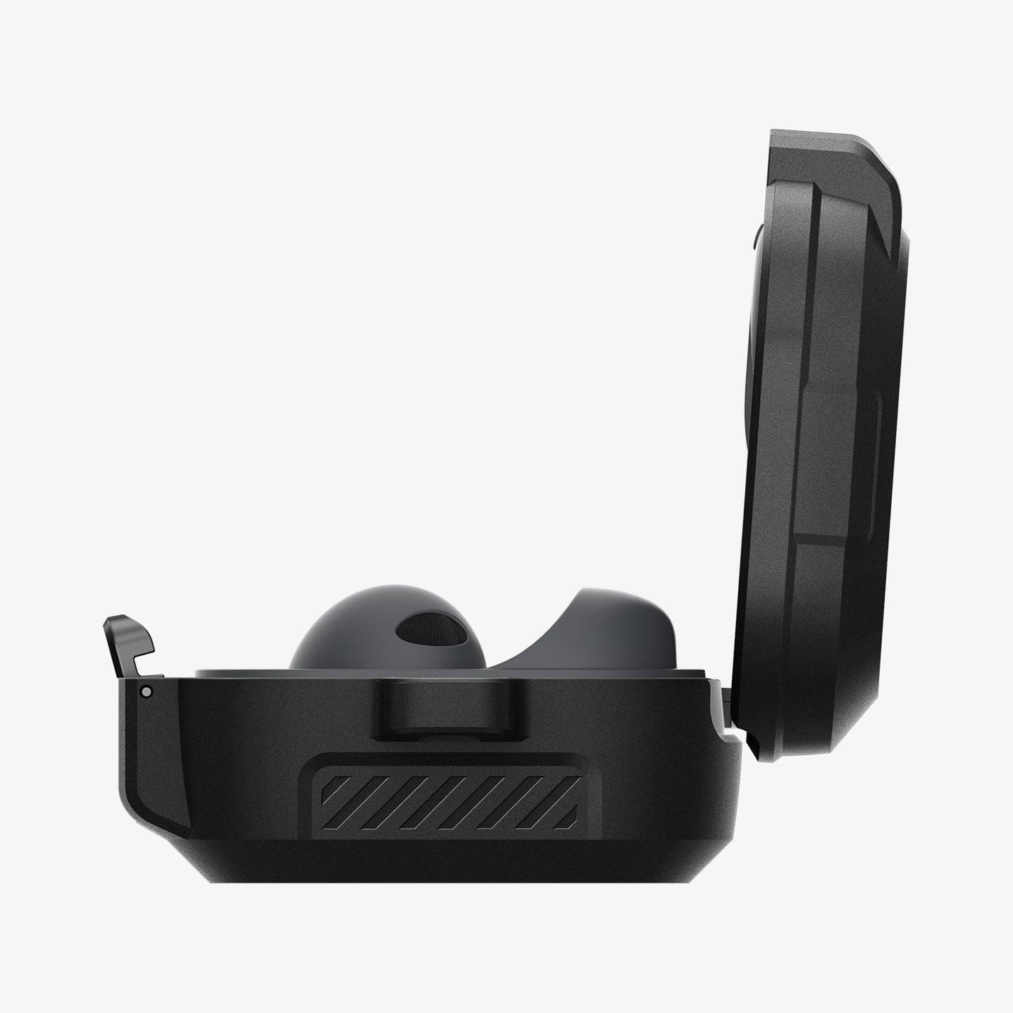 ACS05264 - Galaxy Buds 2 Pro / 2 / Pro / Live Case Lock Fit in matte black showing the side with top open and earbuds inside