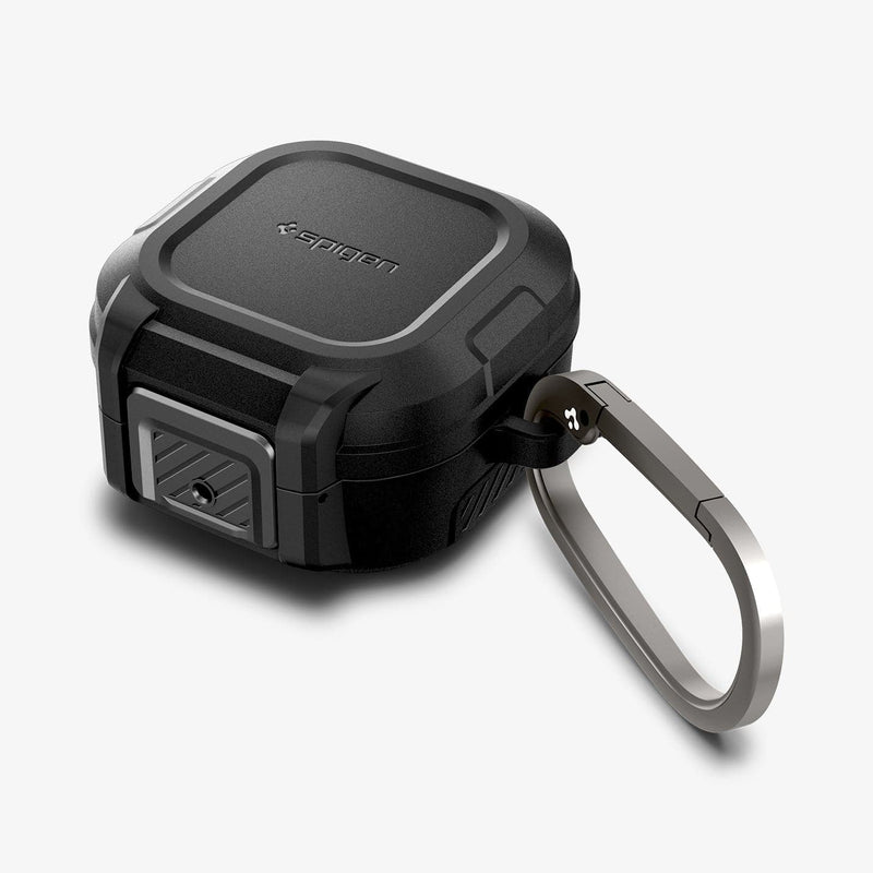 ACS05264 - Galaxy Buds 2 Pro / 2 / Pro / Live Case Lock Fit in matte black showing the front, top and side with carabiner