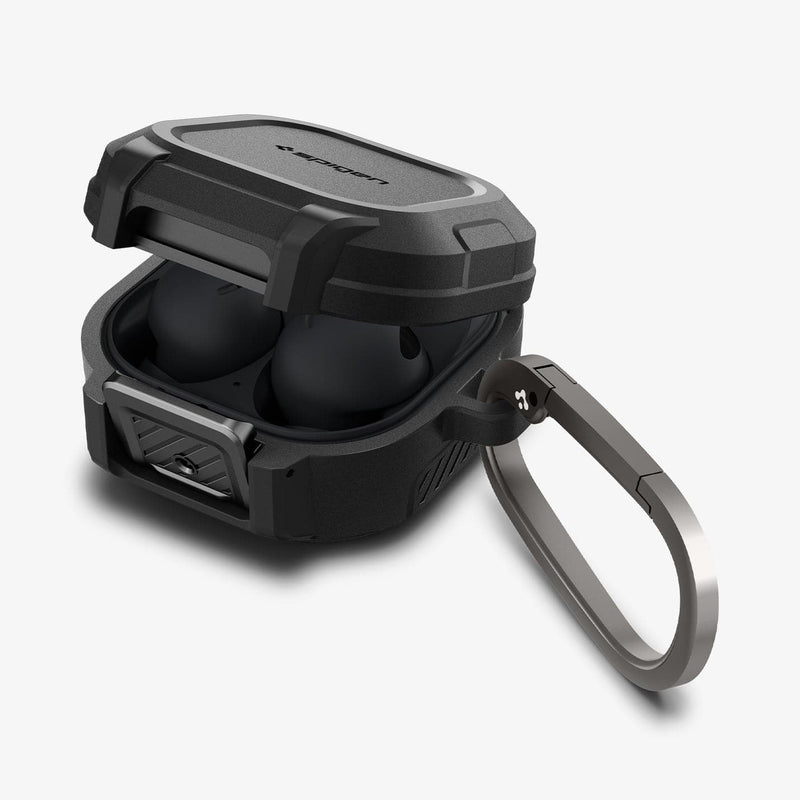 ACS05264 - Galaxy Buds 2 Pro / 2 / Pro / Live Case Lock Fit in matte black showing the front, partial inside and carabiner