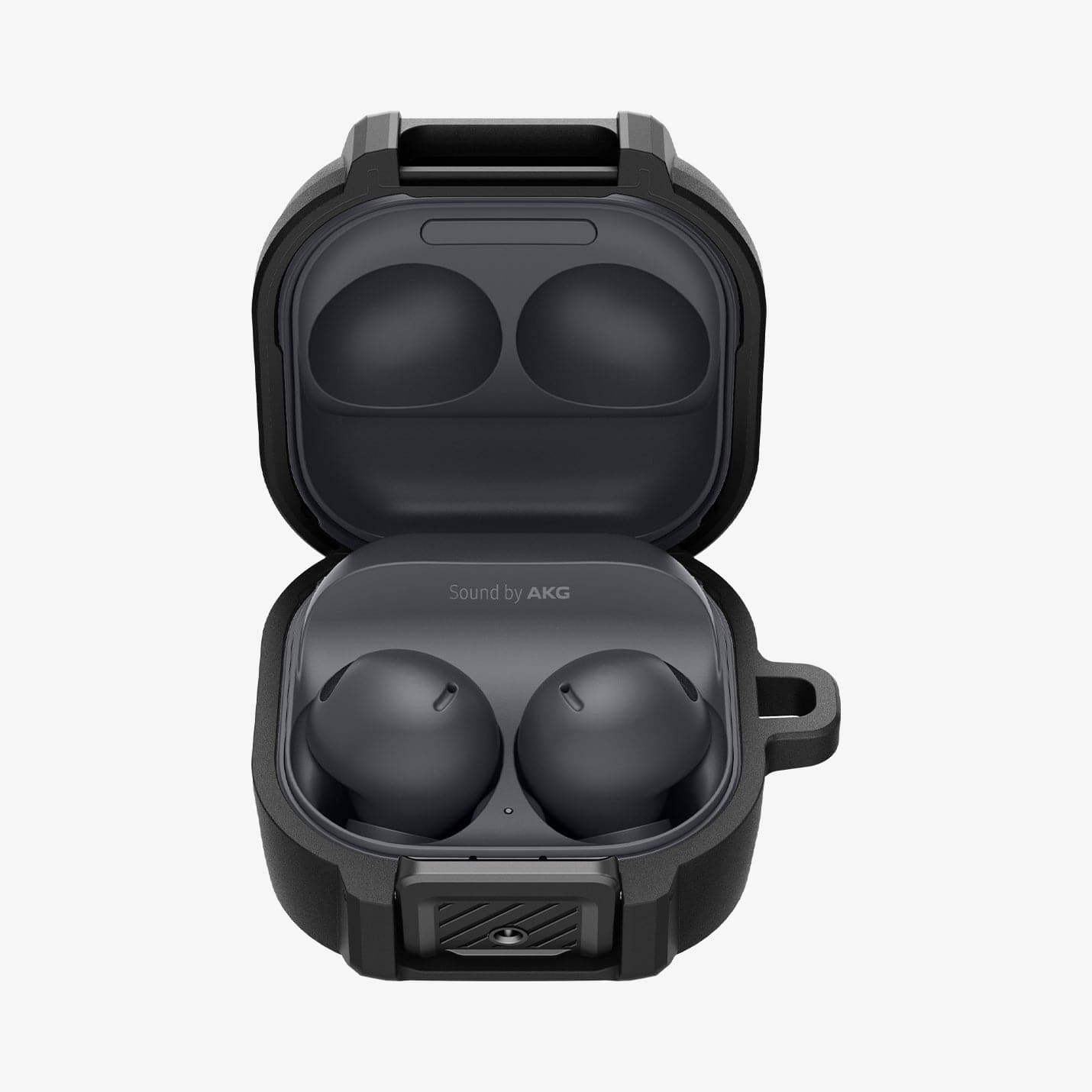 ACS05264 - Galaxy Buds 2 Pro / 2 / Pro / Live Case Lock Fit in matte black showing the front with top open and earbuds inside