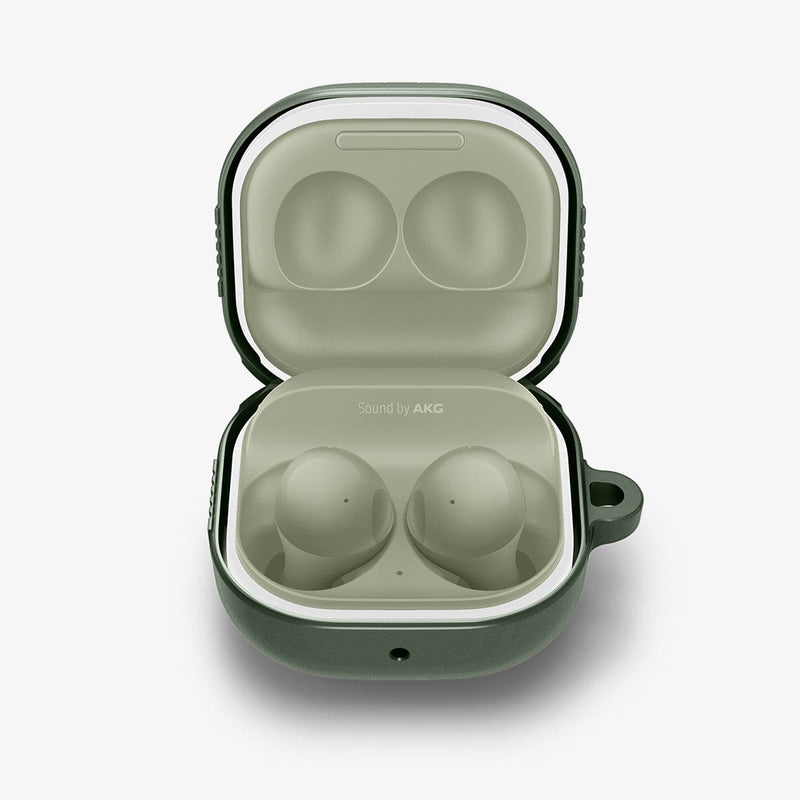 ASD02474 - Galaxy Buds 2 Pro / 2 / Pro / Live Case Rugged Armor in military green showing the front with top open and earbuds inside