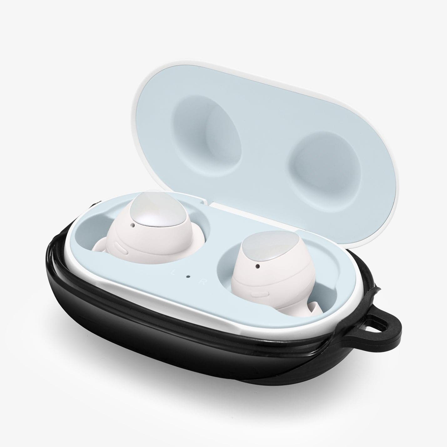 ASD00260 - Galaxy Buds Plus Case Liquid Air in black showing the front and side with top open and earbuds inside