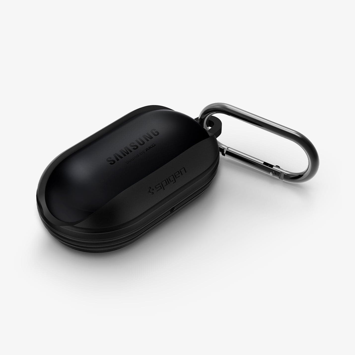 ASD00260 - Galaxy Buds Plus Case Liquid Air in black showing the top, partial front and carabiner