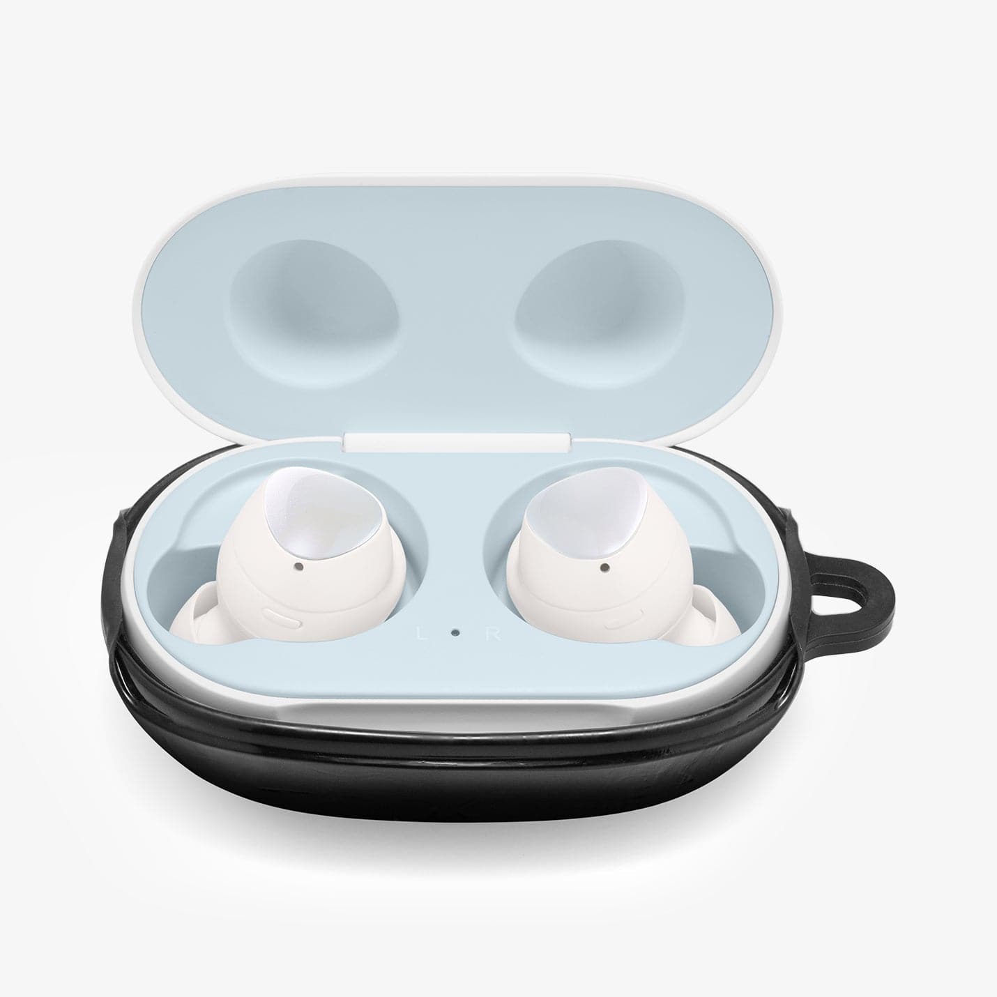 ASD00260 - Galaxy Buds Plus Case Liquid Air in black showing the front with top open and earbuds inside