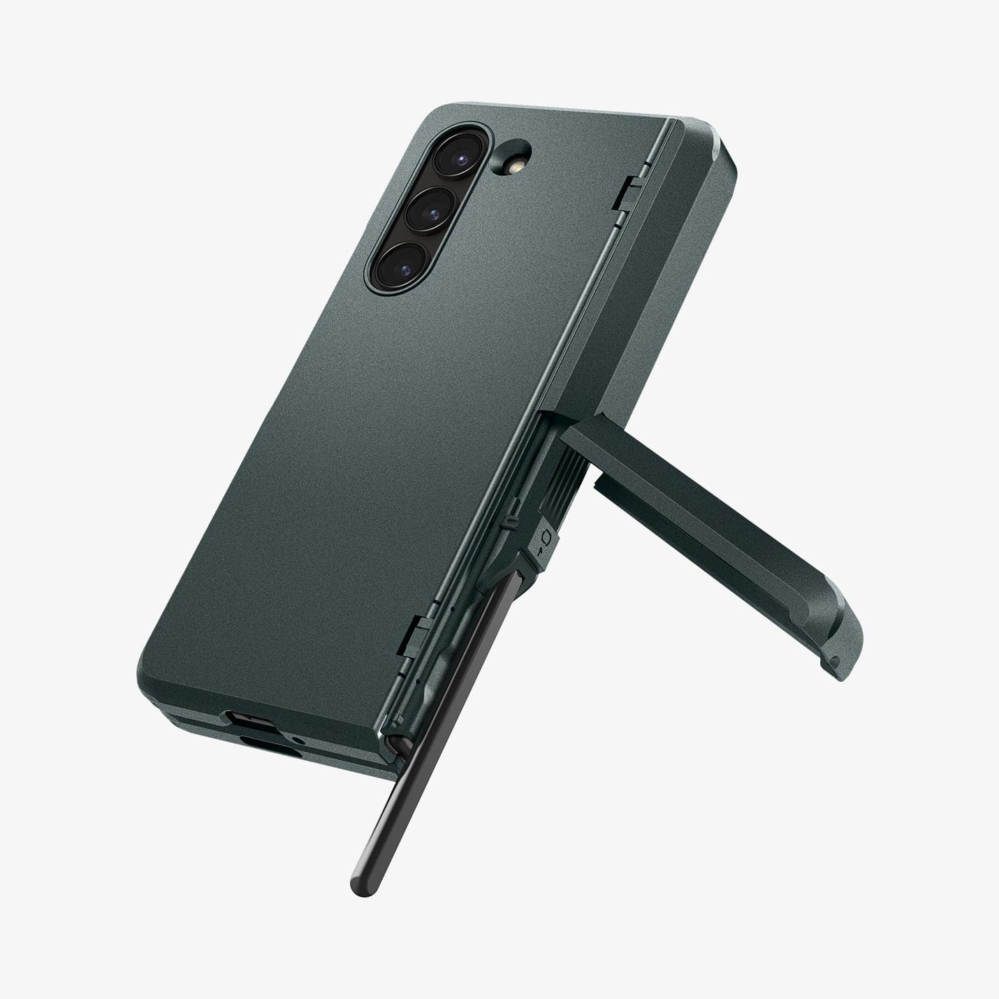 ACS06215 - Galaxy Z Fold 5 Case Tough Armor Pro P in abyss green showing the back with kickstand extended out and pen sticking out of slot