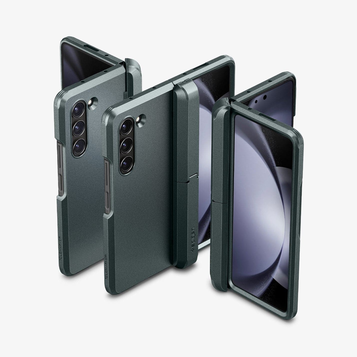 ACS06215 - Galaxy Z Fold 5 Case Tough Armor Pro P in abyss green showing the back and front of multiple devices
