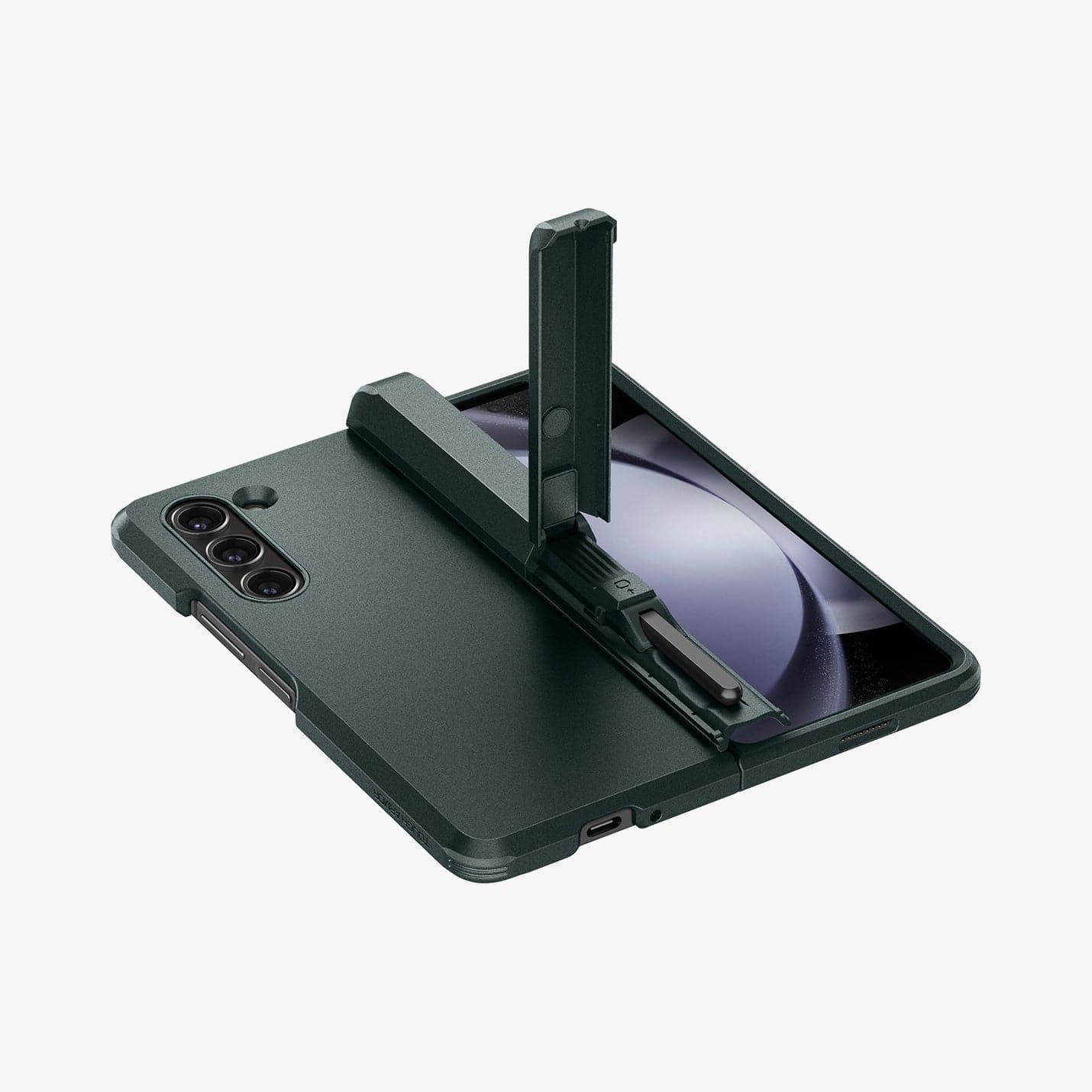 ACS06215 - Galaxy Z Fold 5 Case Tough Armor Pro P in abyss green showing the back and front with kickstand extended out