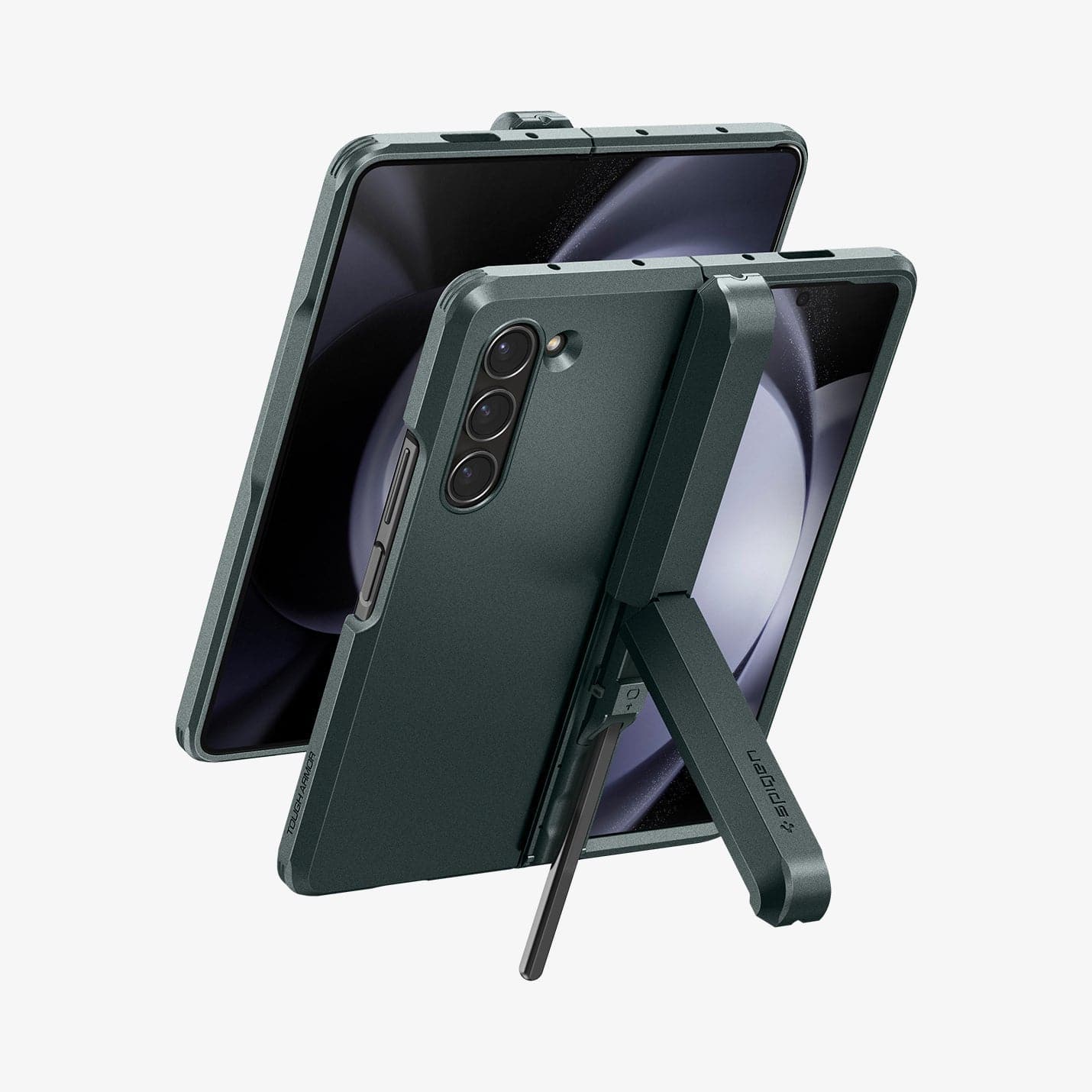 ACS06215 - Galaxy Z Fold 5 Case Tough Armor Pro P in abyss green showing the back and front of one device with pen sticking out of slot and hovering behind another device
