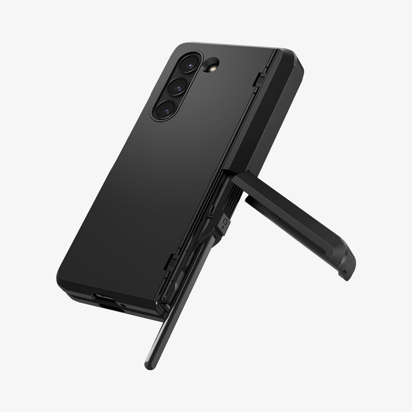 ACS06214 - Galaxy Z Fold 5 Case Tough Armor Pro P in black showing the back with kickstand extended out and pen sticking out of slot