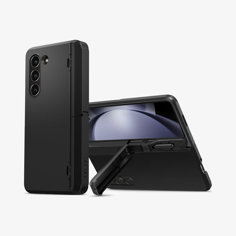 ACS06214 - Galaxy Z Fold 5 Case Tough Armor Pro P in black showing the back of one device and another device propped up by built in kickstand