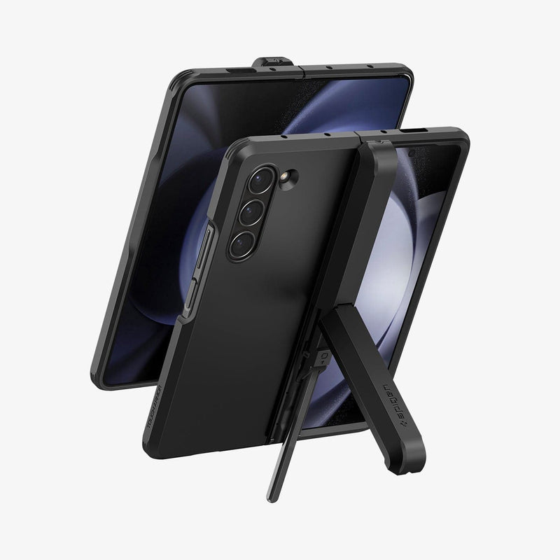 ACS06214 - Galaxy Z Fold 5 Case Tough Armor Pro P in black showing the back and front of one device with pen sticking out of slot hovering behind another device