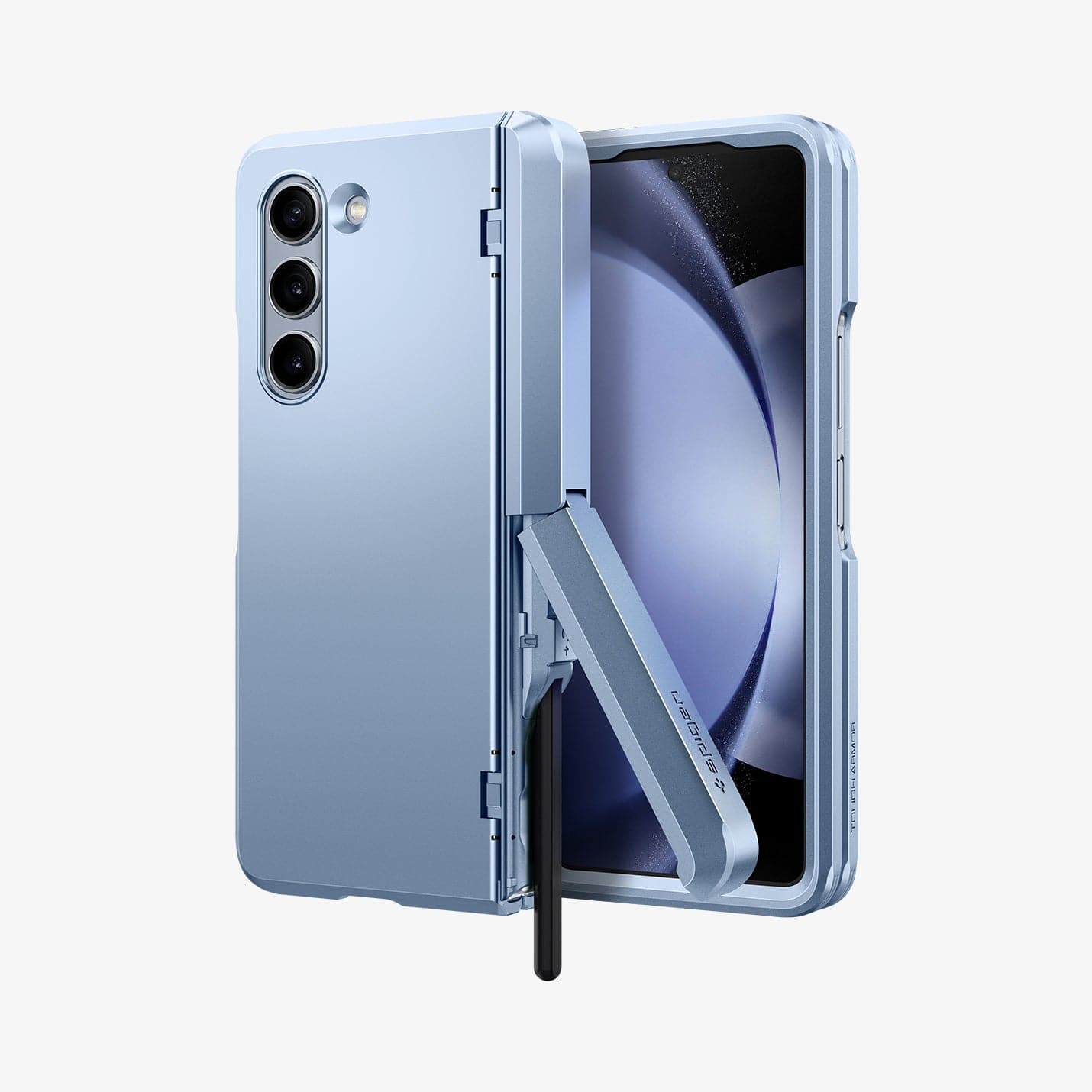 ACS06870 - Galaxy Z Fold 5 Case Tough Armor Pro P in sierra blue showing the back and front with pen sticking out of slot