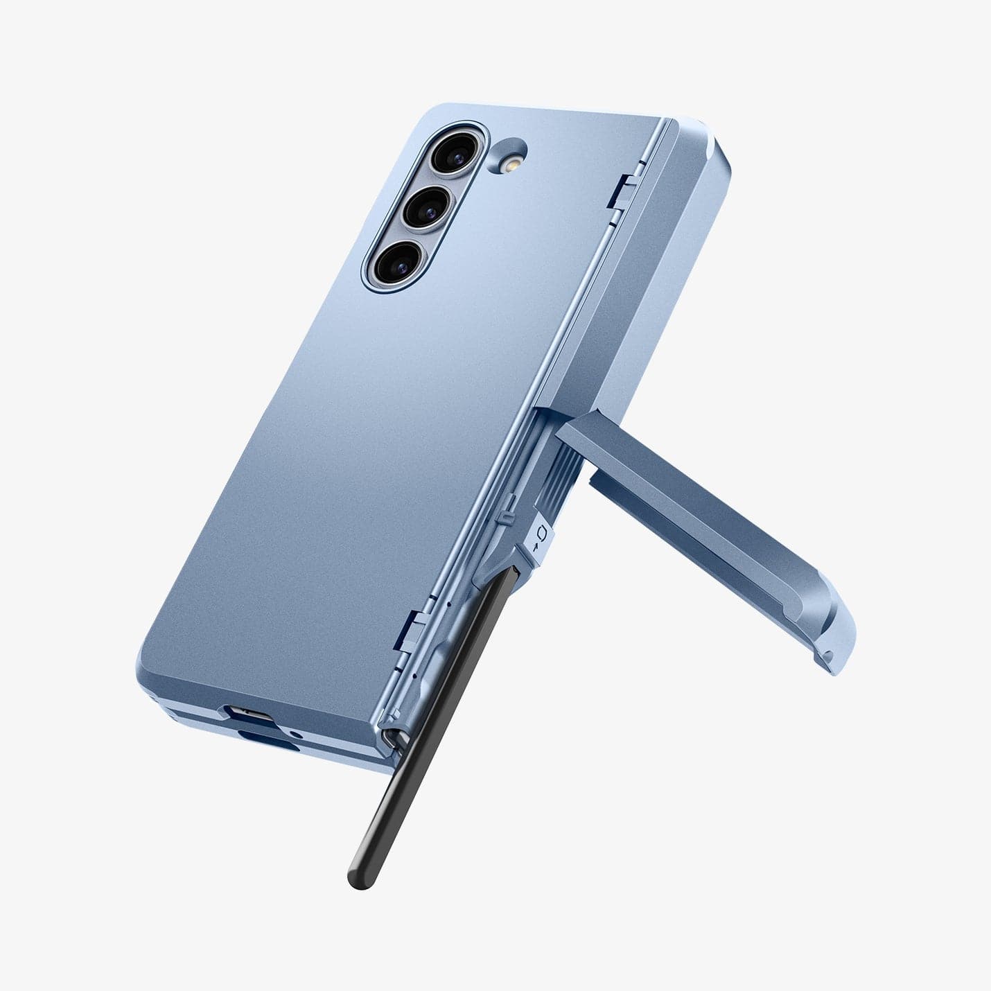 ACS06870 - Galaxy Z Fold 5 Case Tough Armor Pro P in sierra blue showing the back with kickstand extended out and pen sticking out of slot