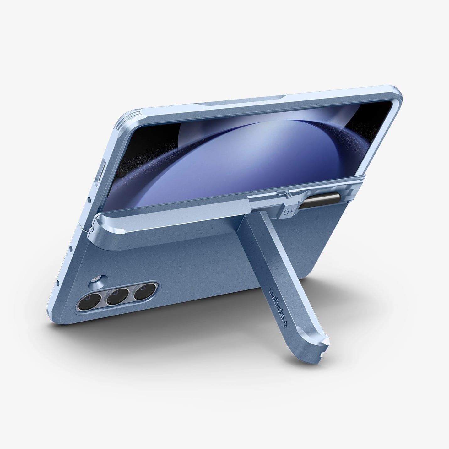 ACS06870 - Galaxy Z Fold 5 Case Tough Armor Pro P in sierra blue showing the back with phone propped up by built in kickstand