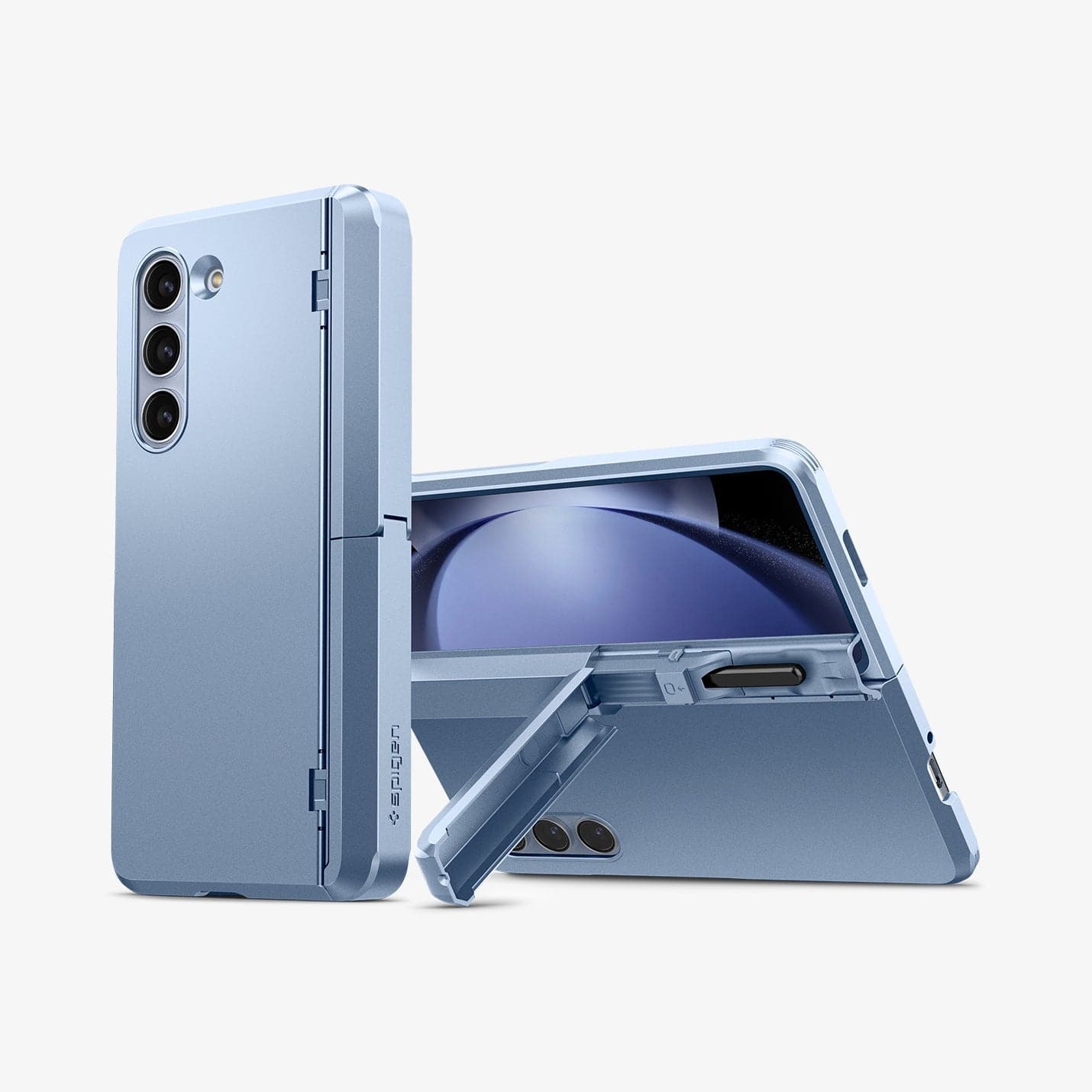 ACS06870 - Galaxy Z Fold 5 Case Tough Armor Pro P in sierra blue showing the back of one device and another device propped up by built in kickstand