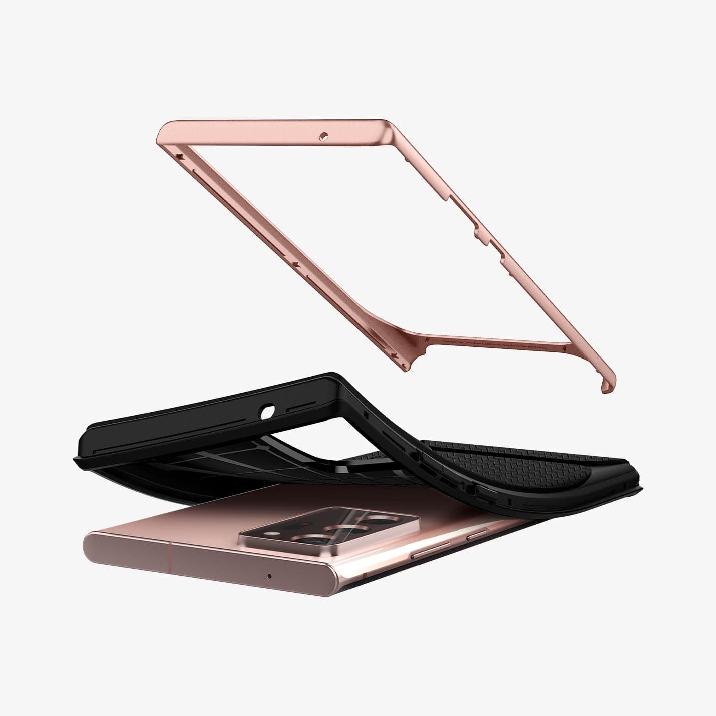 ACS01575 - Galaxy Note 20 Ultra Neo Hybrid Case in bronze showing the hard layer of case hovering above the device and soft layer