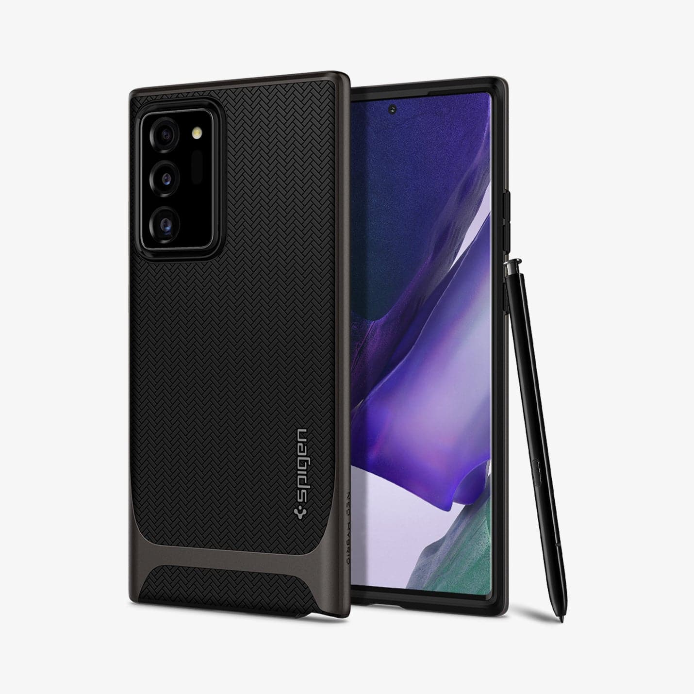 ACS01399 - Galaxy Note 20 Ultra Neo Hybrid Case in gunmetal showing the back and front with s pen leaning against the device
