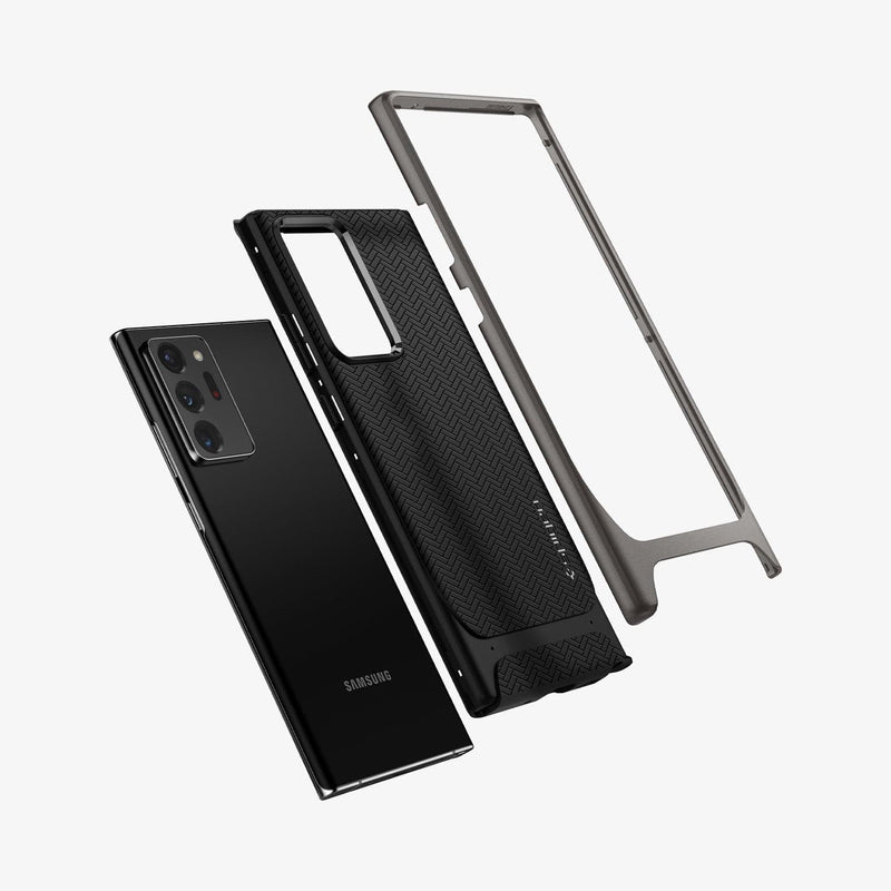 ACS01399 - Galaxy Note 20 Ultra Neo Hybrid Case in gunmetal showing the multiple layers of case hovering behind the device