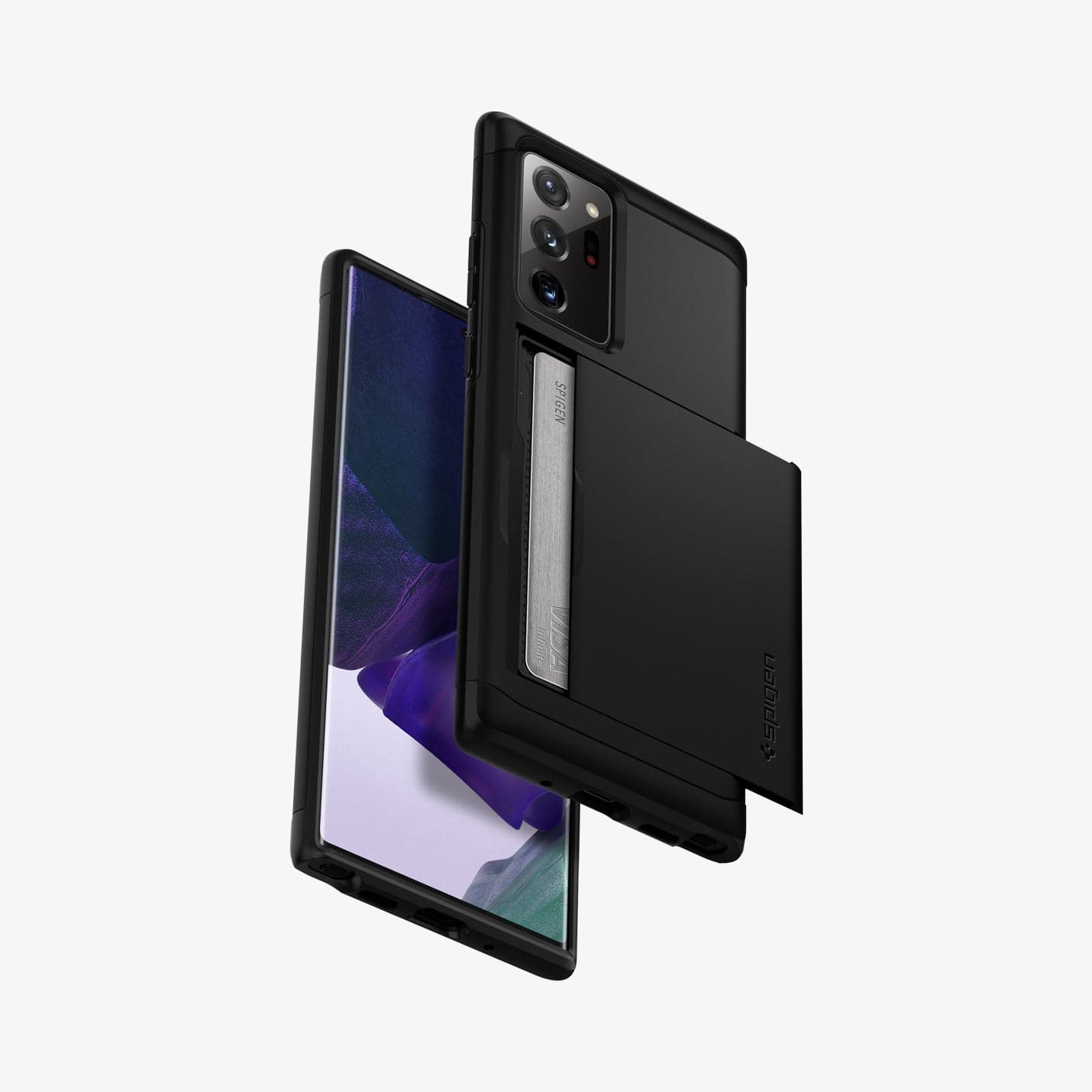 ACS01398 - Galaxy Note 20 Ultra Slim Armor CS Case in black showing the back, front, sides and bottom with card slot slightly open and card in slot