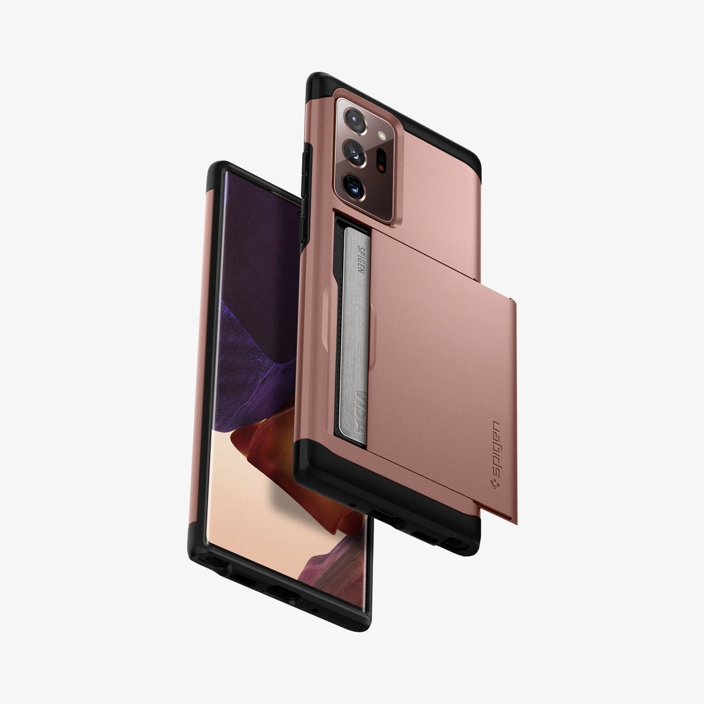 ACS01573 - Galaxy Note 20 Ultra Slim Armor CS Case in bronze showing the back, front, sides and bottom with card slot open and card in slot