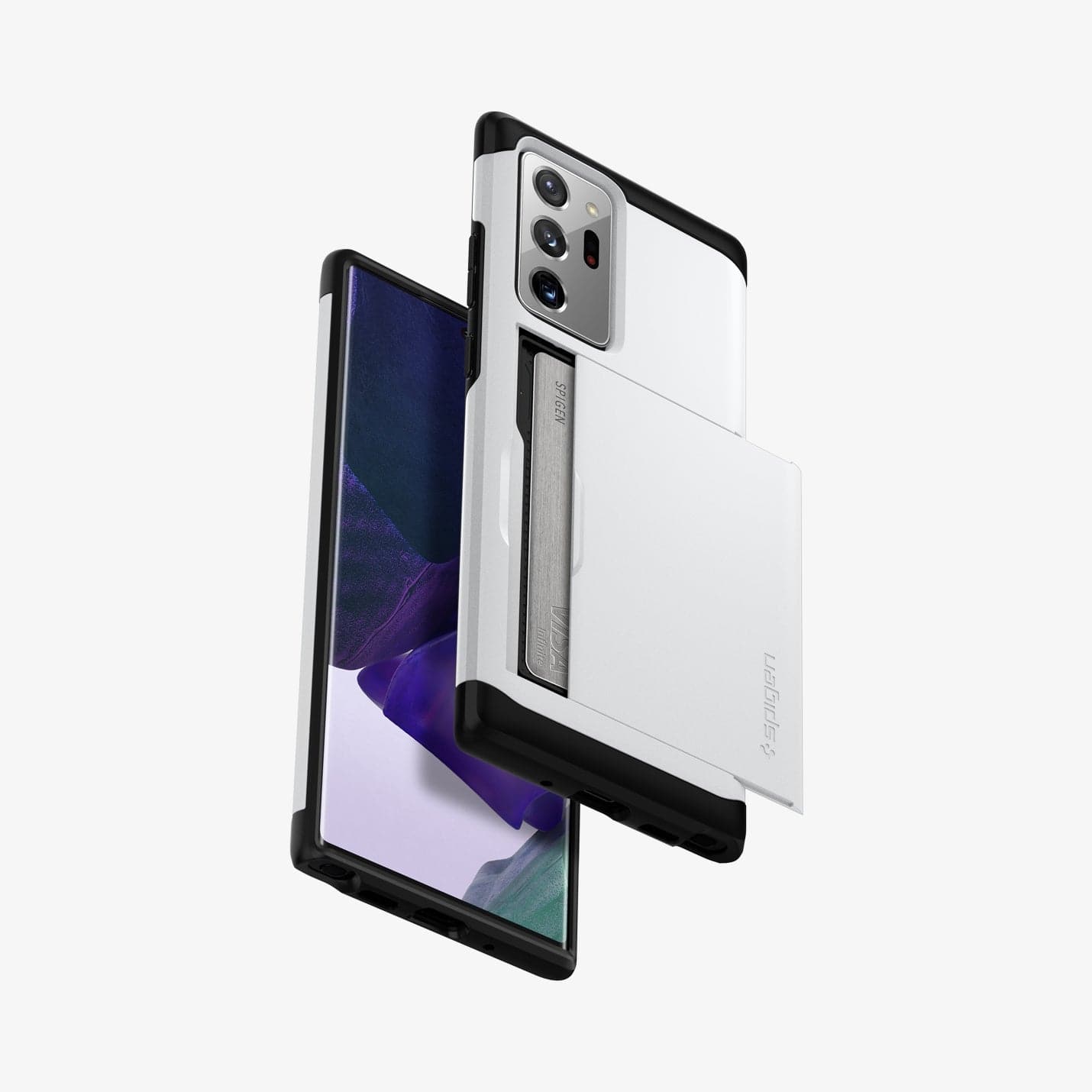 ACS01572 - Galaxy Note 20 Ultra Slim Armor CS Case in white showing the back, front, and sides with card slot open and card in slot