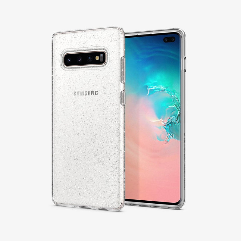 606CS25762 - Galaxy S10 Plus Liquid Crystal Glitter Case in crystal quartz showing the back and front