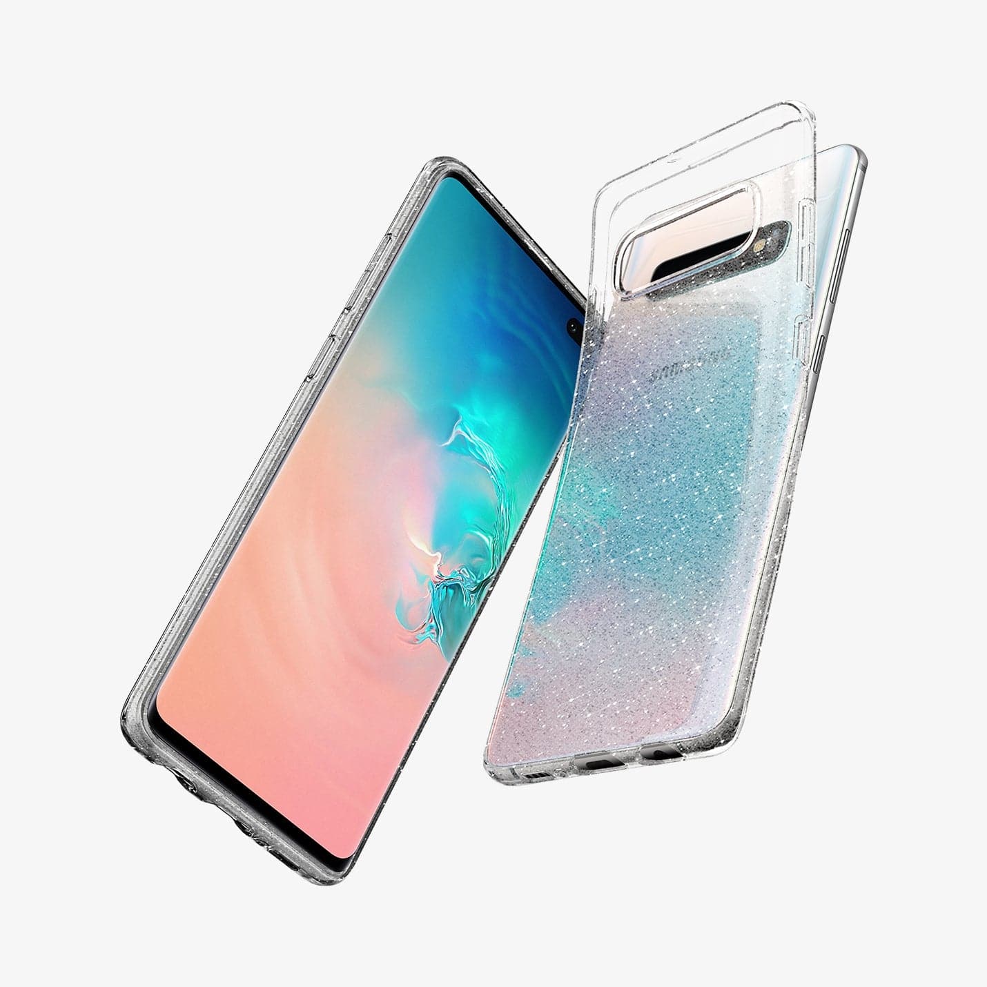 606CS25762 - Galaxy S10 Plus Liquid Crystal Glitter Case in crystal quartz showing the back, front and sides