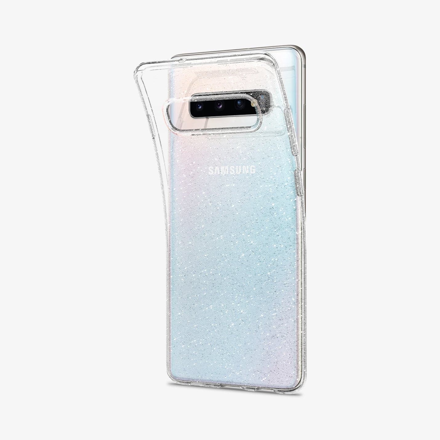 606CS25762 - Galaxy S10 Plus Liquid Crystal Glitter Case in crystal quartz showing the back with case bending away from the device