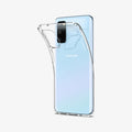 ACS01139 - Galaxy S20 Liquid Crystal Case in crystal clear showing the back with case bending away from the device