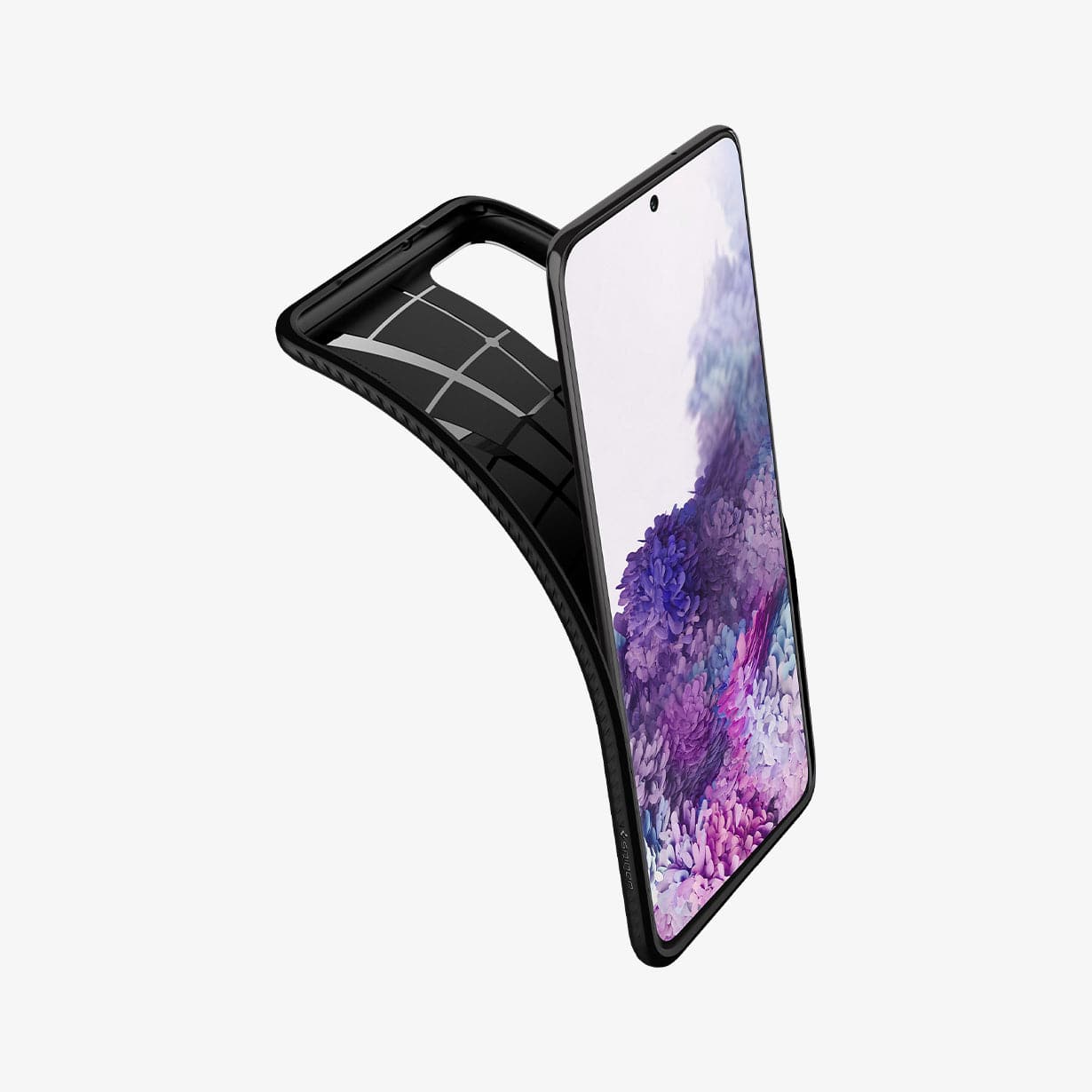 ACS00754 - Galaxy S20 Plus Liquid Air Case in black showing the front with case bending away from the device