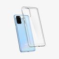 ACS00755 - Galaxy S20 Plus Ultra Hybrid Case in crystal clear showing the back with case hovering away from the device