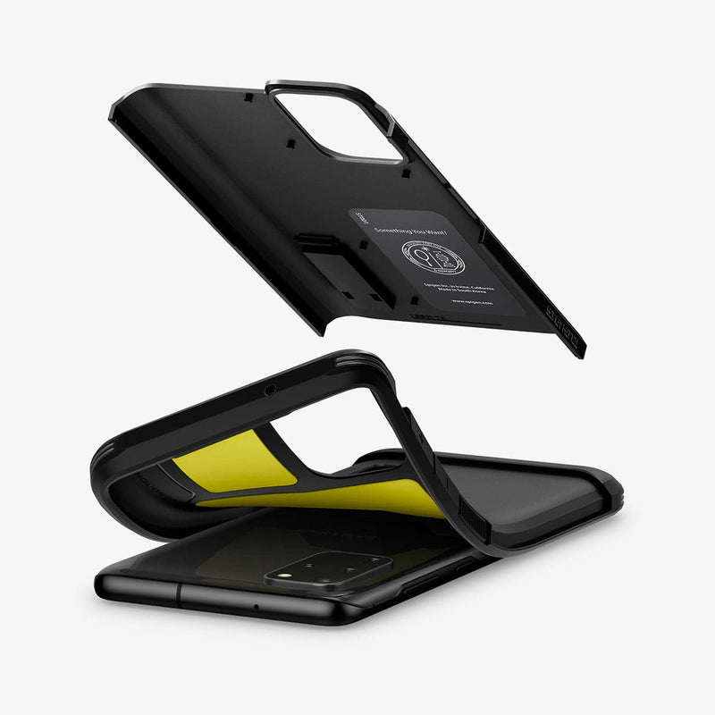 ACS00757 - Galaxy S20 Plus Tough Armor Case in black showing the hard layer of case hovering above the soft layer and device