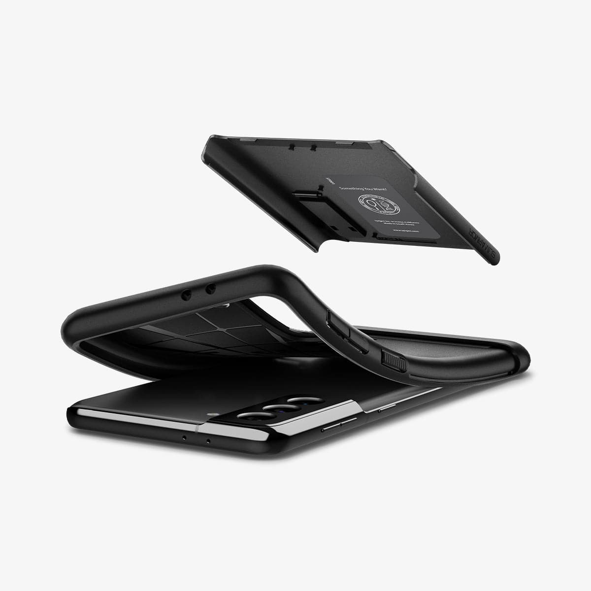 ACS02410 - Galaxy S21 Plus Slim Armor Case in black showing the hard layer of case hovering above the soft layer of case