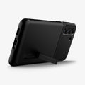 ACS02410 - Galaxy S21 Plus Slim Armor Case in black showing the back and bottom with device propped up by built in kickstand