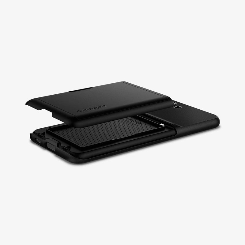 ACS02428 - Galaxy S21 Slim Armor CS Case in black showing the card slot layer hovering above the case