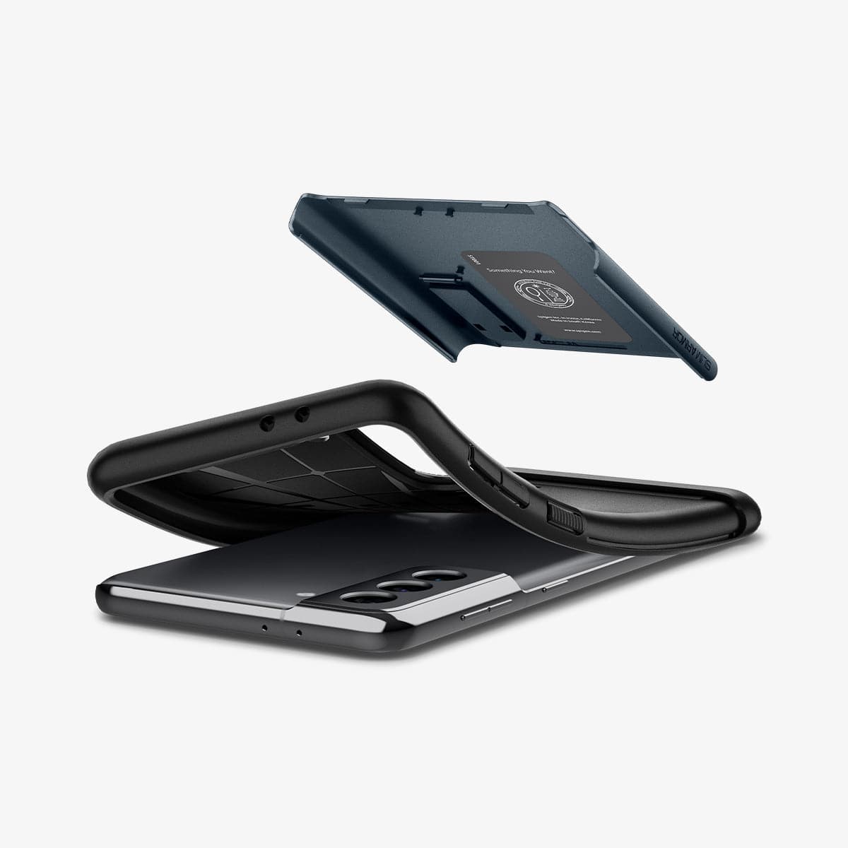 ACS02444 - Galaxy S21 Slim Armor Case in metal slate showing the hard layer of case hovering above the soft layer