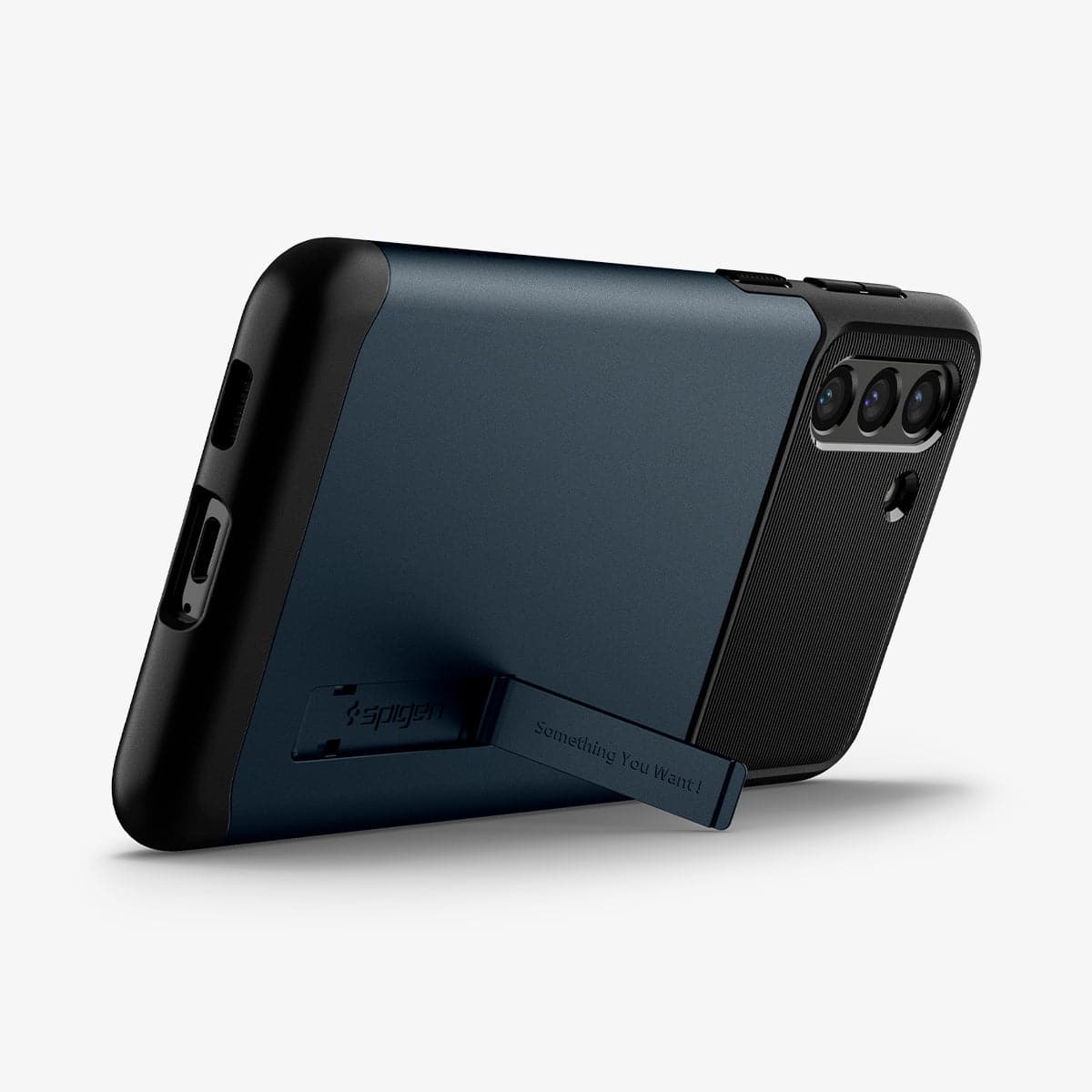 ACS02444 - Galaxy S21 Slim Armor Case in metal slate showing the back and bottom with device propped up by built in kickstand