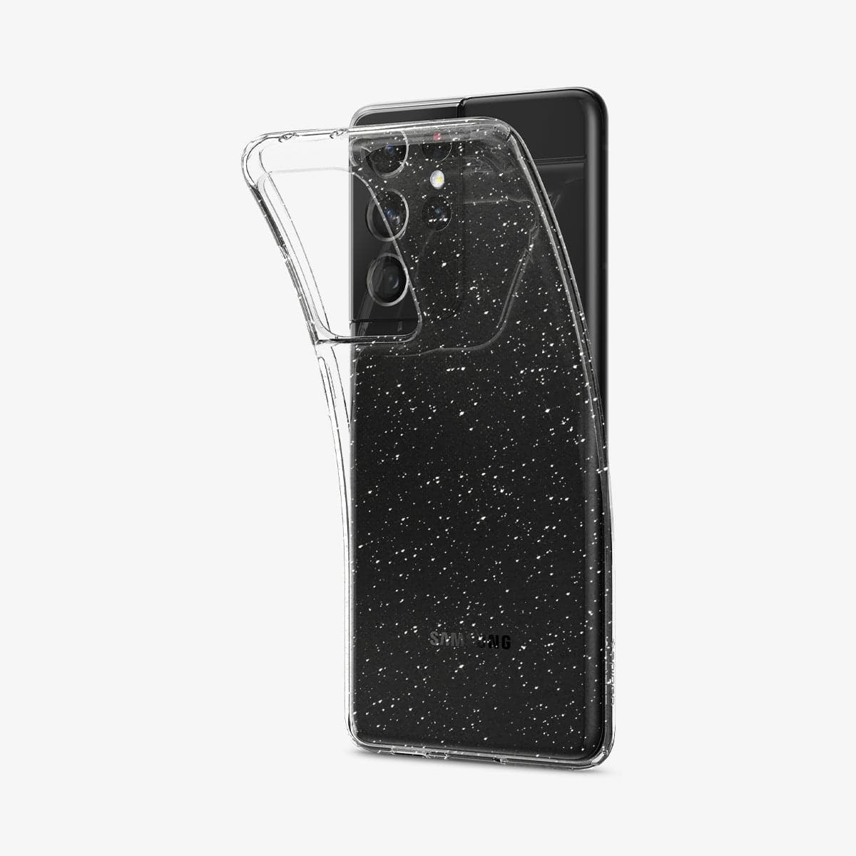 ACS02348 - Galaxy S21 Ultra Liquid Crystal Glitter Case in crystal quartz showing the back with case bending away from the device