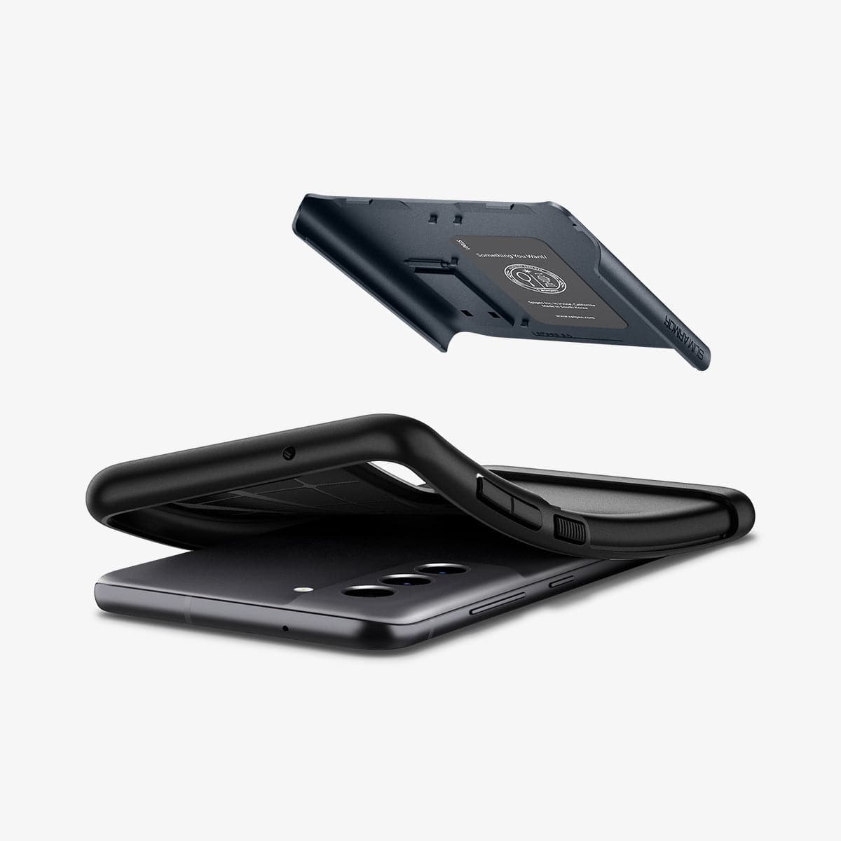 ACS03152 - Galaxy S21 FE Slim Armor Case in metal slate showing the hard layer of case hovering above the soft layer
