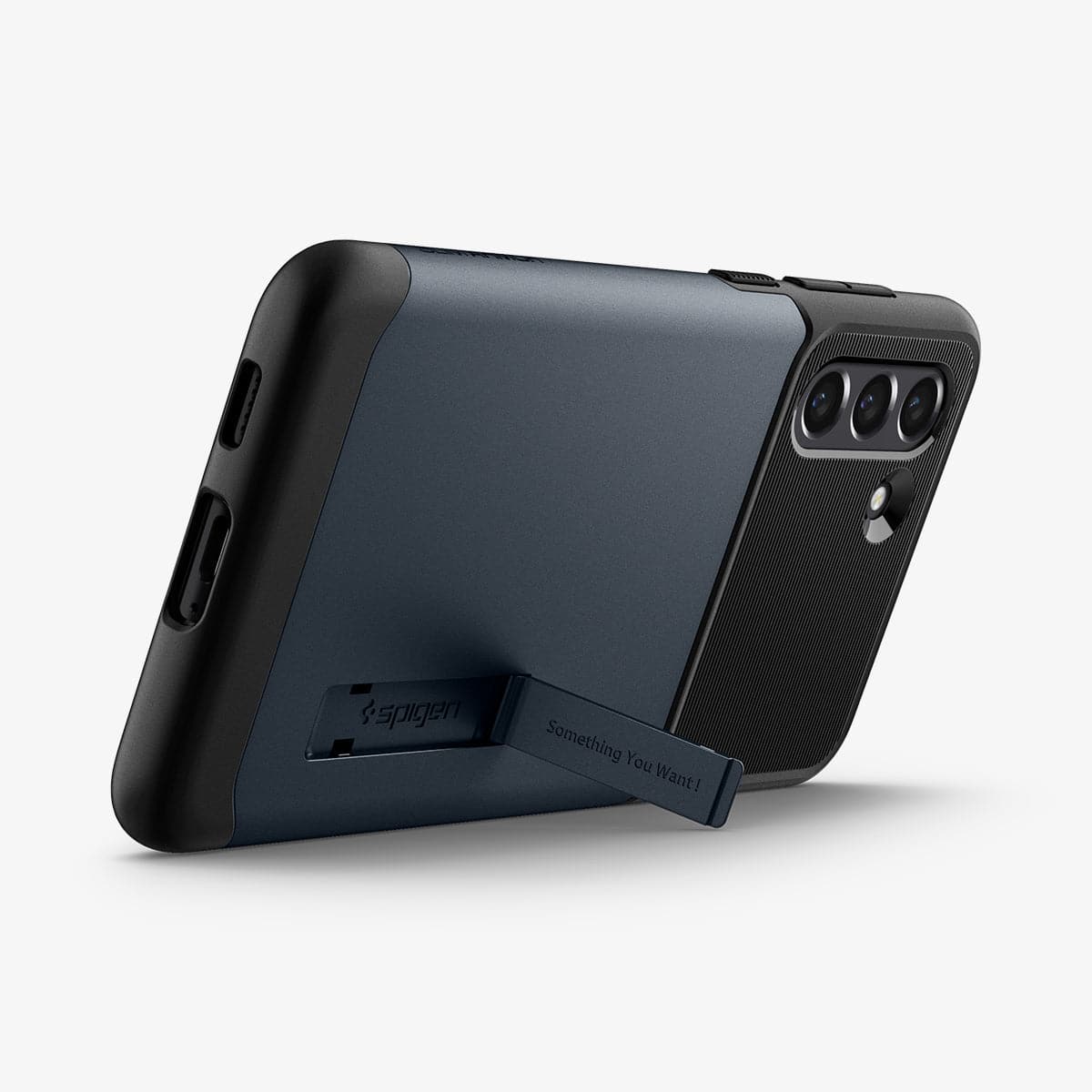 ACS03152 - Galaxy S21 FE Slim Armor Case in metal slate showing the back and bottom with device propped up by built in kickstand
