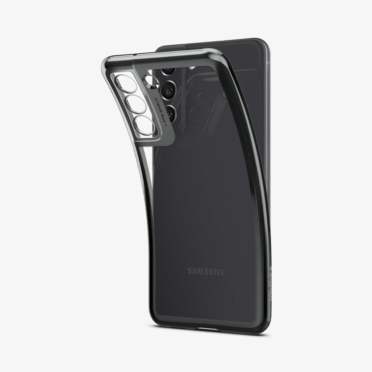 ACS03057 - Galaxy S21 FE Optik Crystal Case in chrome gray showing the back with case bending away from the device