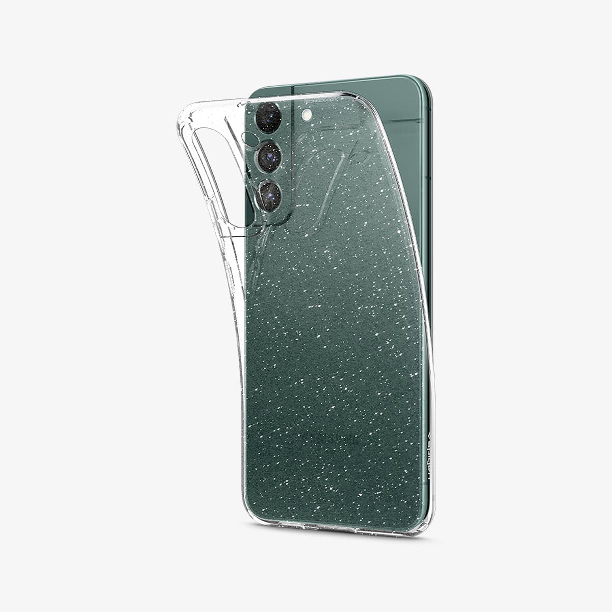 ACS03951 - Galaxy S22 Plus 5G Case Liquid Crystal Glitter in crystal quartz showing the back with case bending away from device to show the flexibility