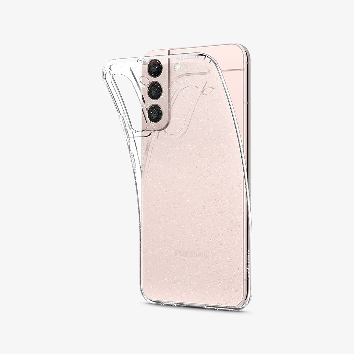 ACS03985 - Galaxy S22 5G Case Liquid Crystal Glitter in crystal quartz showing the back with case bending away from device to show the flexibility