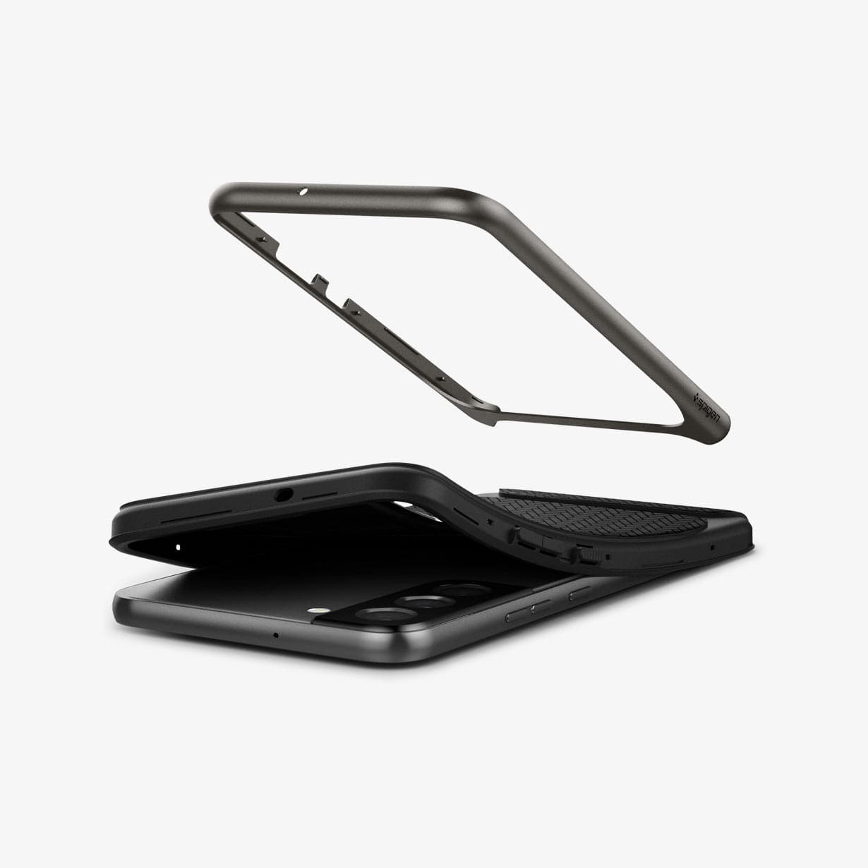 ACS03993 - Galaxy S22 5G Case Neo Hybrid in gunmetal showing the flexible TPU and hard PC bumper