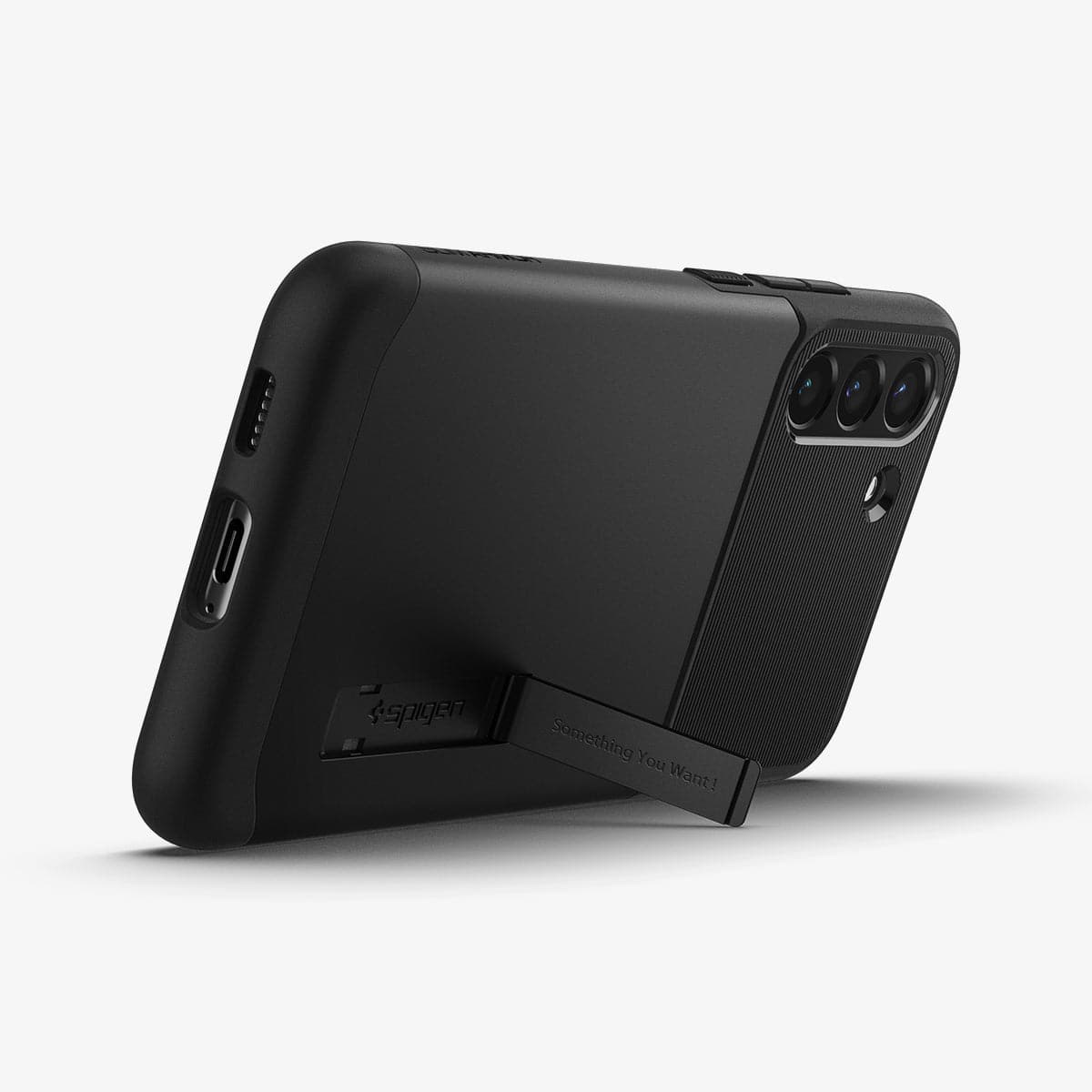 ACS03977 - Galaxy S22 Plus 5G Case Slim Armor in black showing the back and bottom with device propped up by built in kickstand