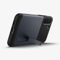 ACS03978 - Galaxy S22 Plus 5G Case Slim Armor in metal slate showing the back and bottom with device propped up by built in kickstand