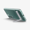 ACS03979 - Galaxy S22 Plus 5G Case Slim Armor Essential S in crystal clear showing the device propped up horizontally by built in kickstand