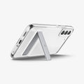 ACS04015 - Galaxy S22 5G Case Slim Armor Essential S in crystal clear showing the back and bottom with device propped up horizontally by built in kickstand