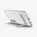 ACS04015 - Galaxy S22 5G Case Slim Armor Essential S in crystal clear showing the back and bottom with device propped up horizontally by built in kickstand