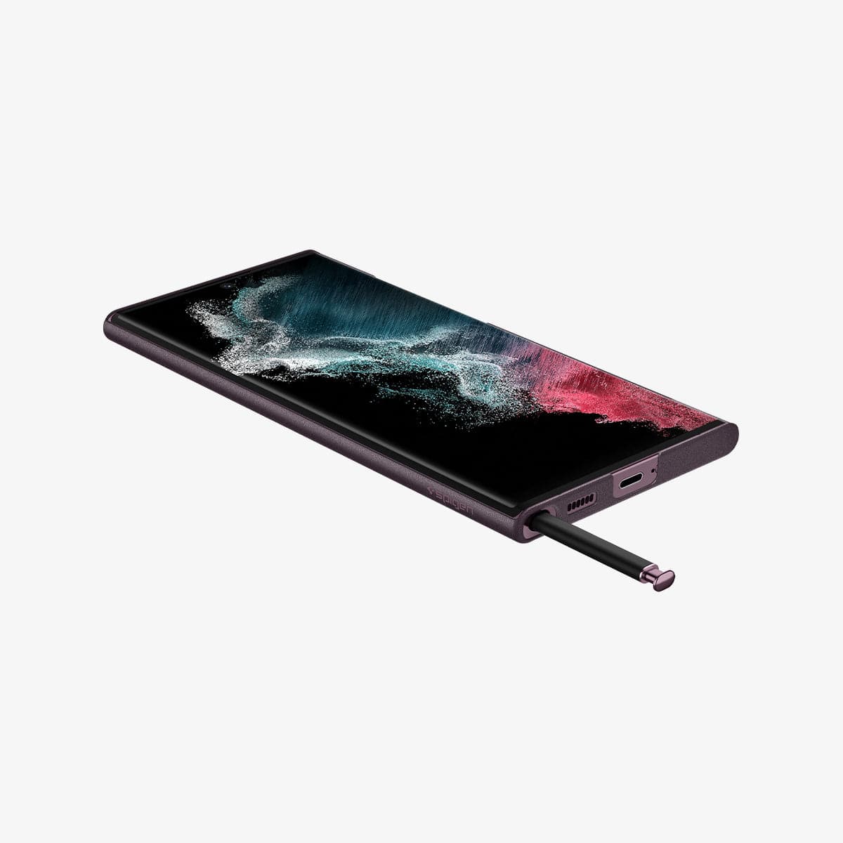 ACS04384 - Galaxy S22 Ultra 5G Case AirSkin in plum burgundy showing the front, side and bottom with s pen sticking out of slot
